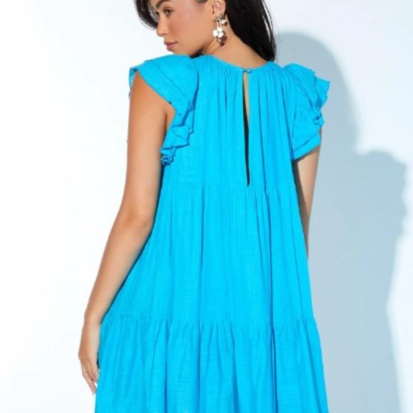 Aqua Neon Blue Linen Solid Ruched Ruffle Hem Dress- 6 - Picture 2 of 5